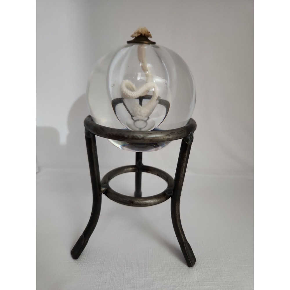 Glass Orb Oil Lamp On Metal Tripod Stand